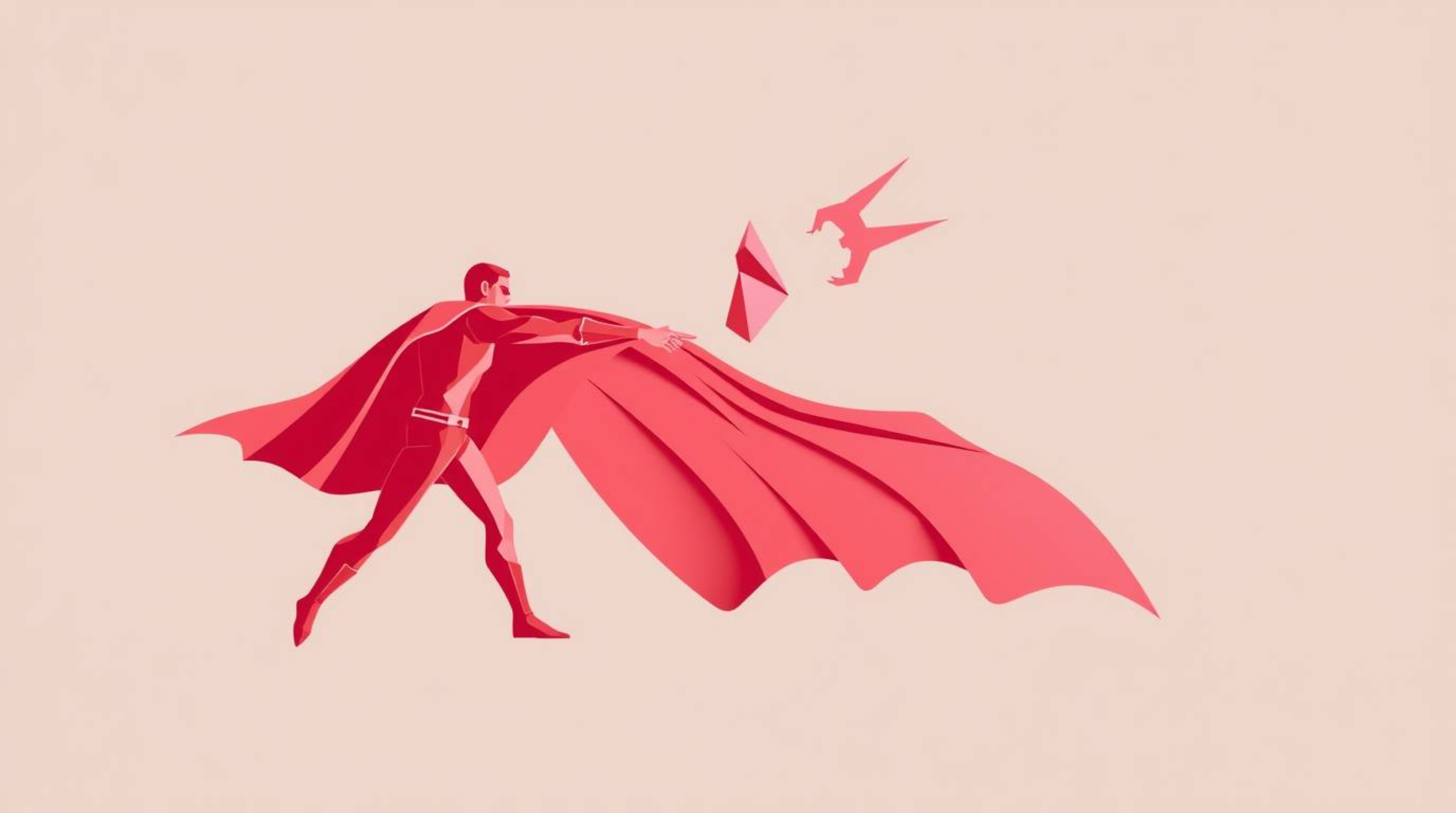 This surreal, infrared-toned logo features a geometric superhero engaged in a dynamic battle against a villain. The design pr