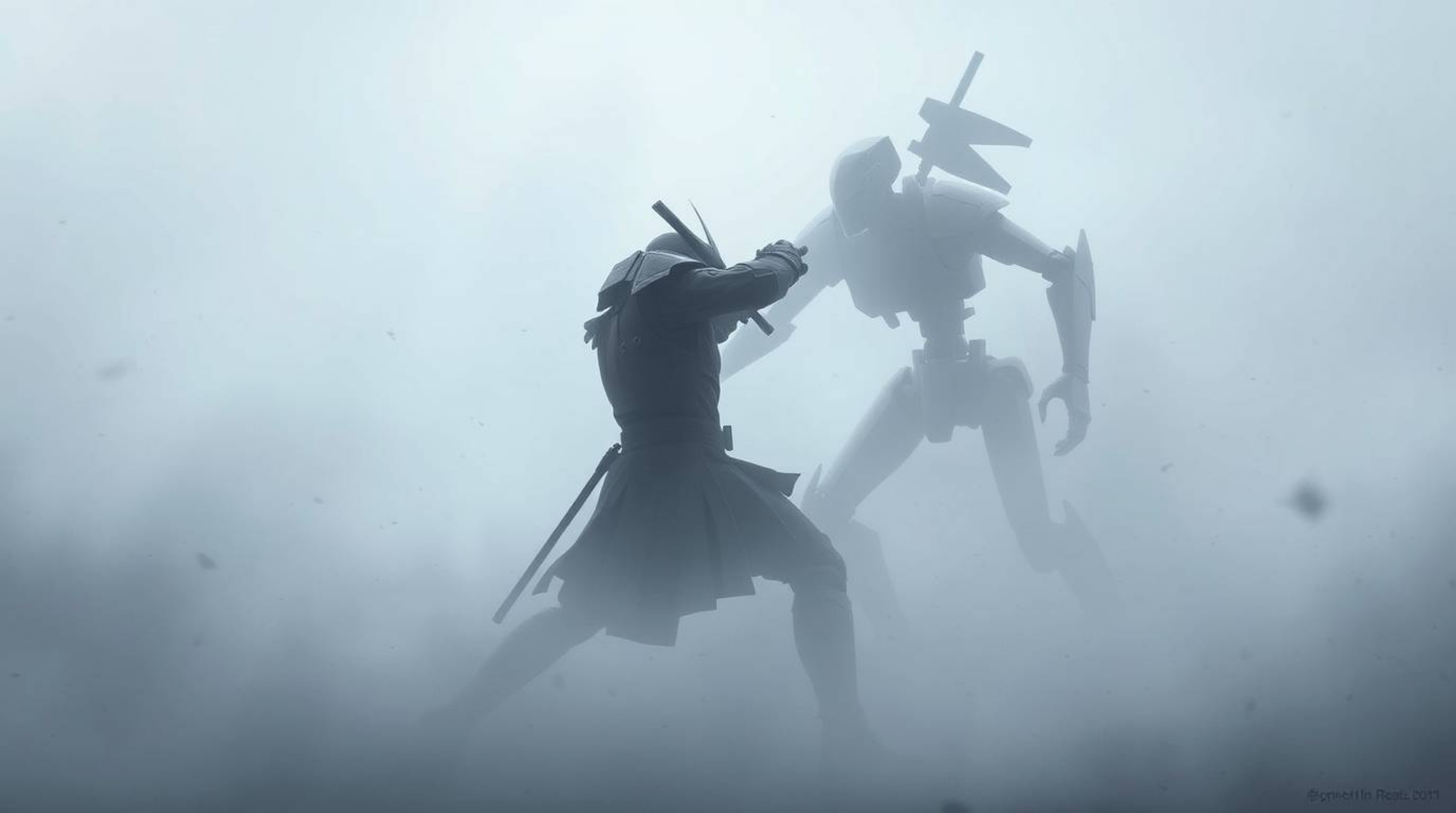 In a dystopian world consumed by thick fog, a samurai and a robot clash in an intense battle where low visibility obscures th