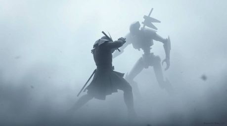 In a dystopian world consumed by thick fog, a samurai and a robot clash in an intense battle where low visibility obscures th