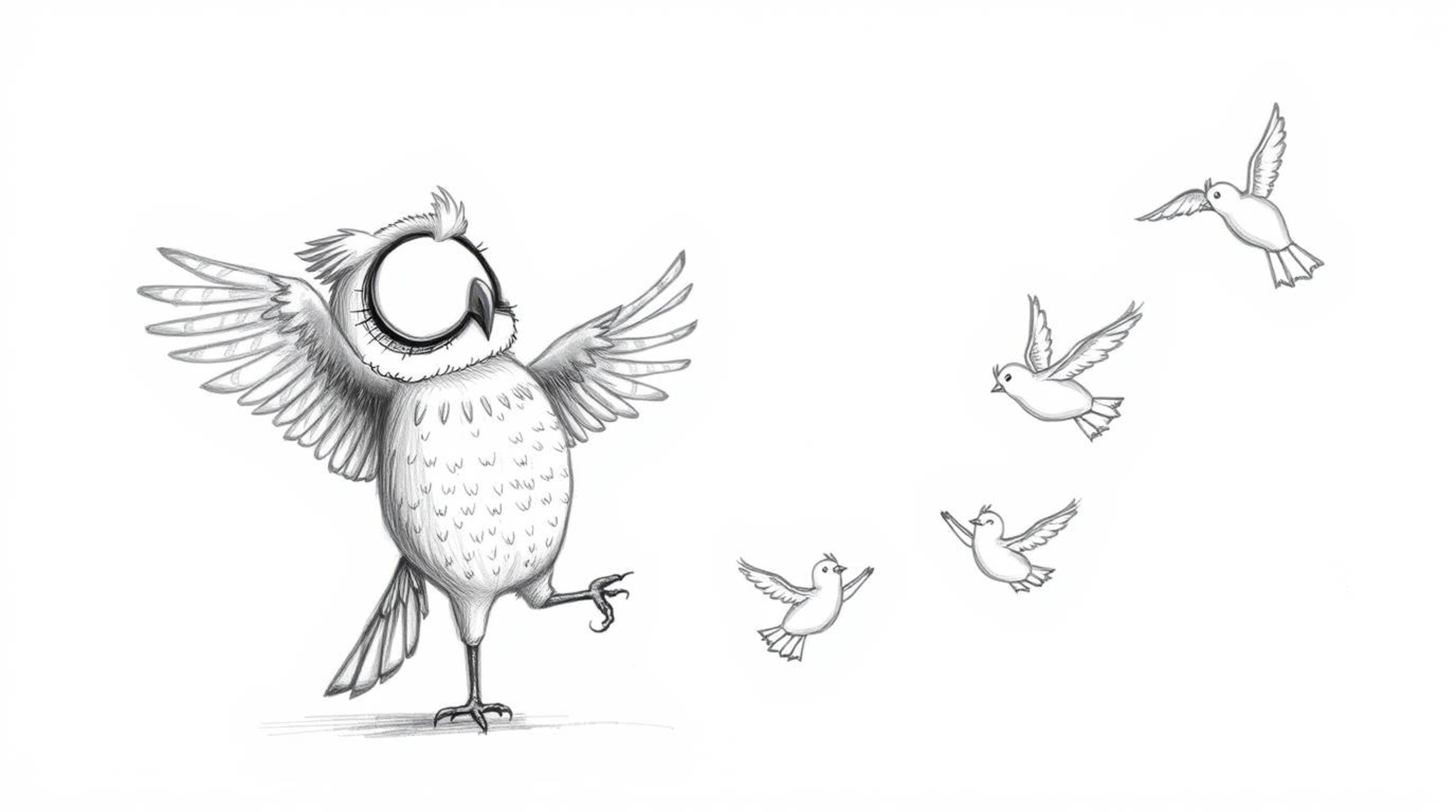 A heartwarming Pixar-esque hand-drawn sketch depicts a blind owl, its feathers detailed with subtle textures, patiently guidi