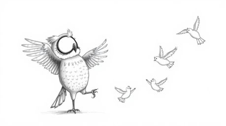 A heartwarming Pixar-esque hand-drawn sketch depicts a blind owl, its feathers detailed with subtle textures, patiently guidi