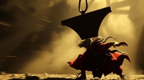 This image captures a dynamic scene with an anvil in mid-air, poised to fall upon a trickster character. The shot is filled w