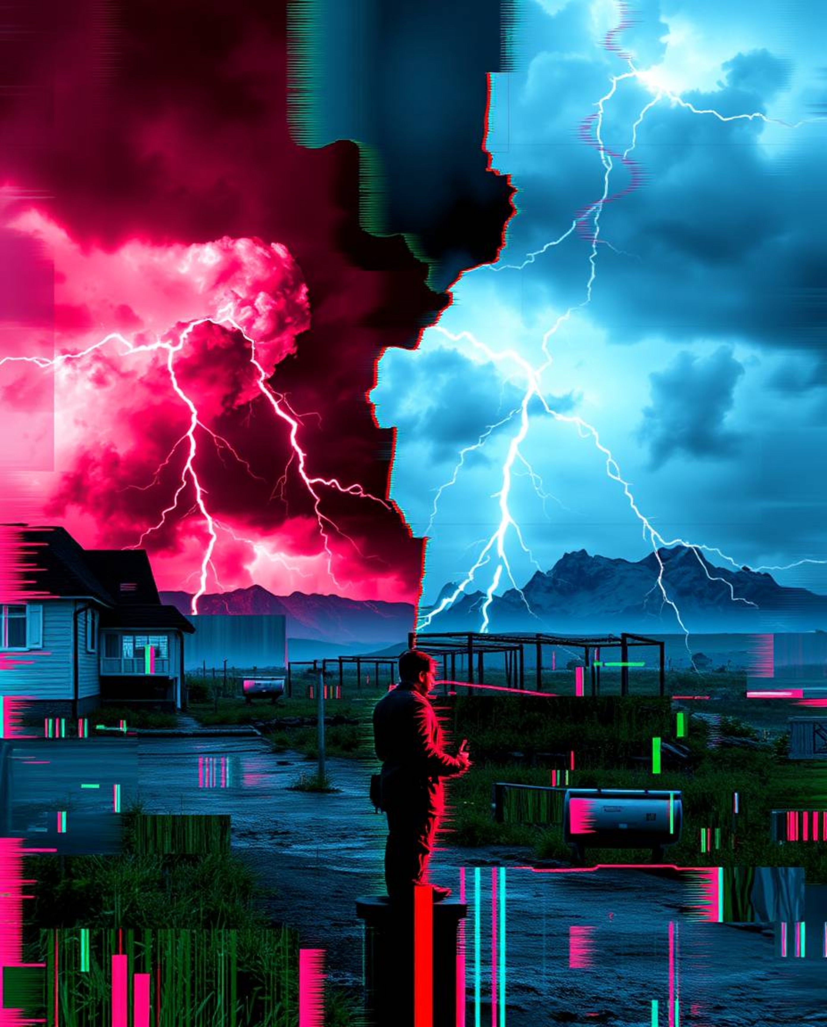 Experience the raw power of nature and technology colliding in this dramatic digital glitch landscape. Intense weather patter