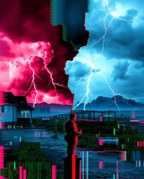 Experience the raw power of nature and technology colliding in this dramatic digital glitch landscape. Intense weather patter