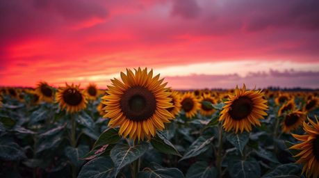 A stunning fine art photograph captures a wet sunflower field bathed in the soft light of a deep red and purple sunset.  The 