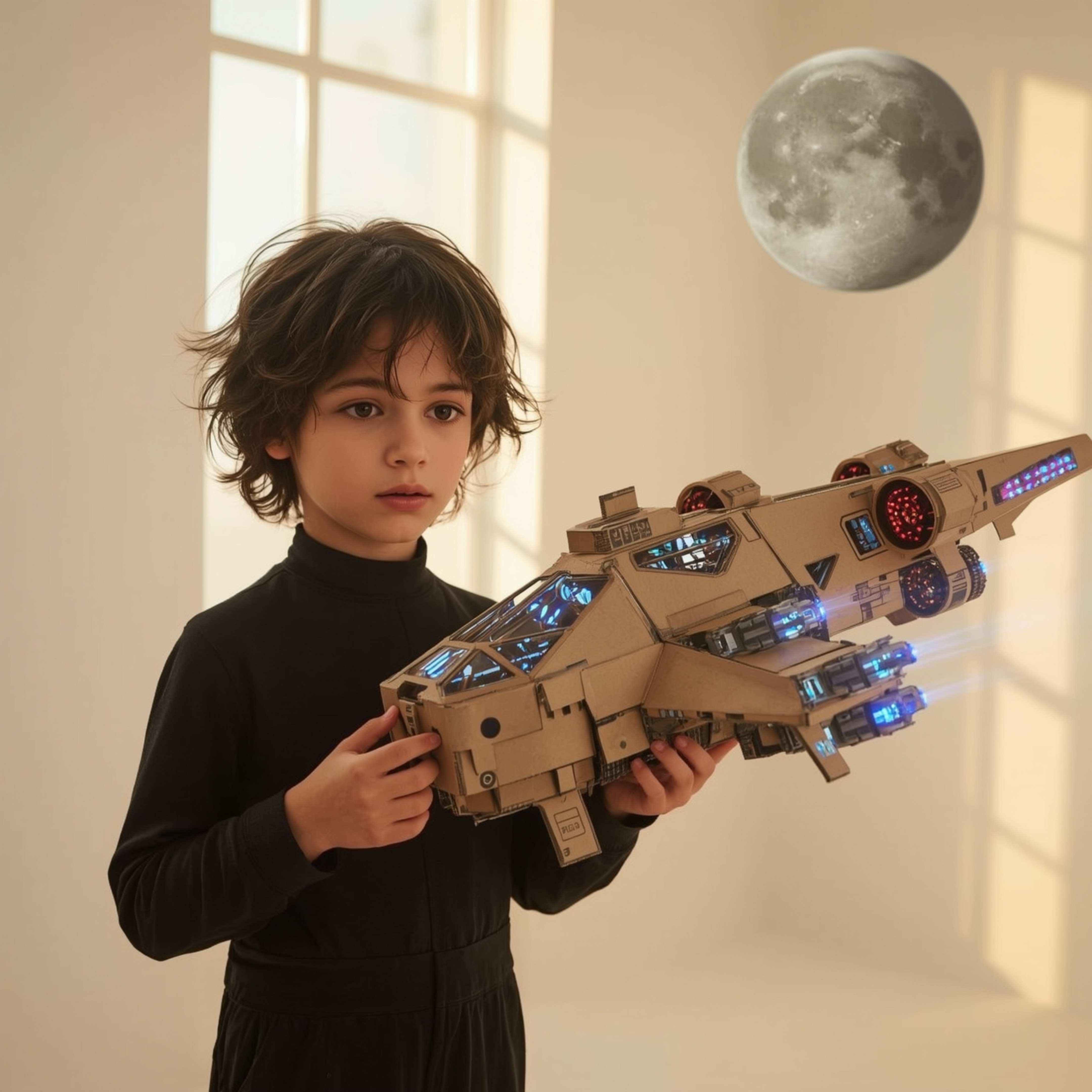 Exquisite high-fashion photography of a boy building an intricately detailed cardboard spaceship.  A warm, golden light illum