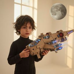 Exquisite high-fashion photography of a boy building an intricately detailed cardboard spaceship.  A warm, golden light illum