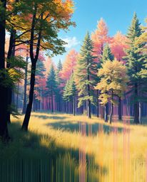 A captivating acrylic painting showcases a vibrant natural forest scene overlaid with a digital glitch effect. This surreal c