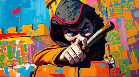A bold acrylic painting depicts a thief breaching a vibrantly colored and heavily guarded castle. The artwork employs thick b