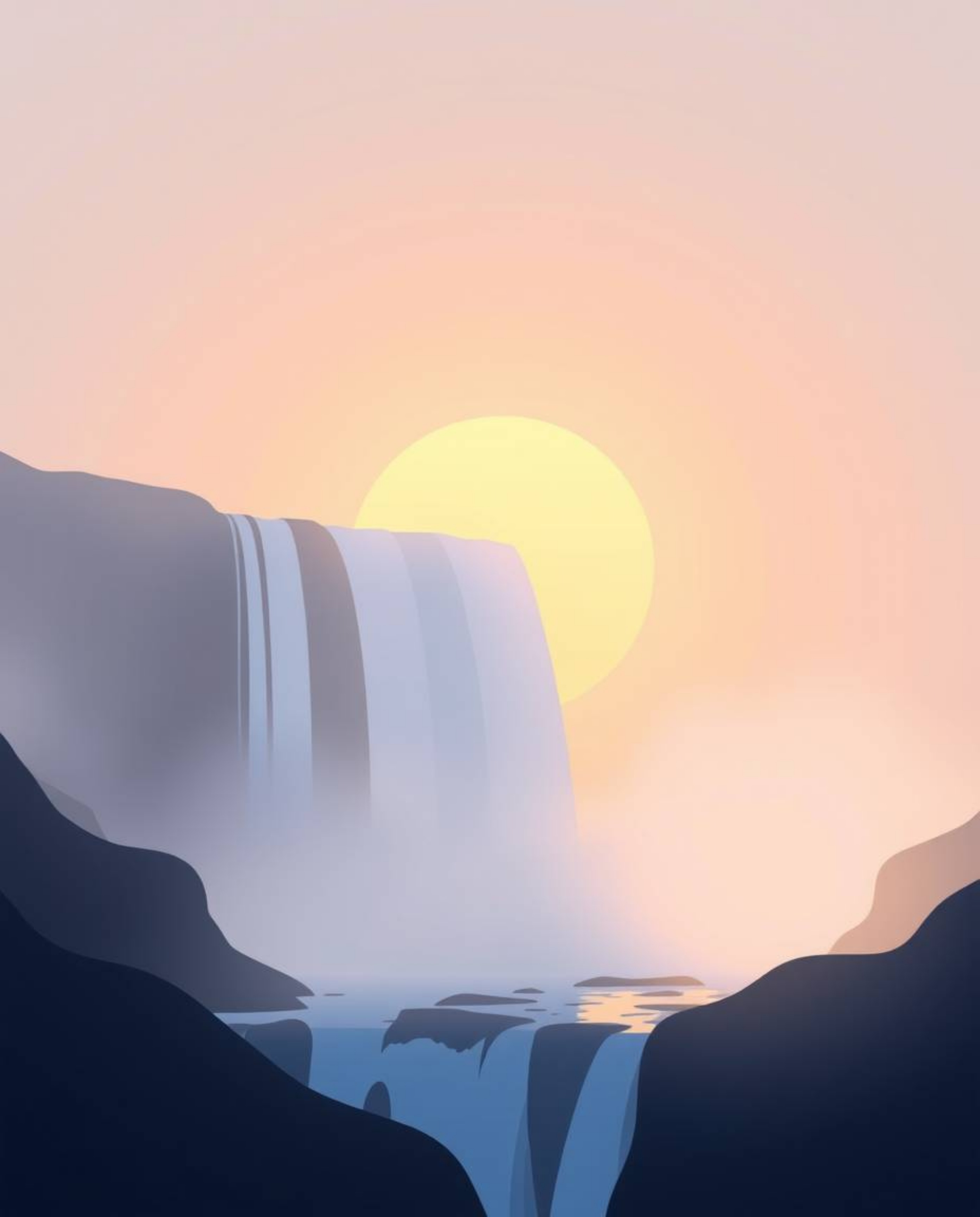 A modern flat design illustration with gentle soft light depicts a sun setting behind a dramatic waterfall. The scene is char