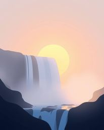 A modern flat design illustration with gentle soft light depicts a sun setting behind a dramatic waterfall. The scene is char