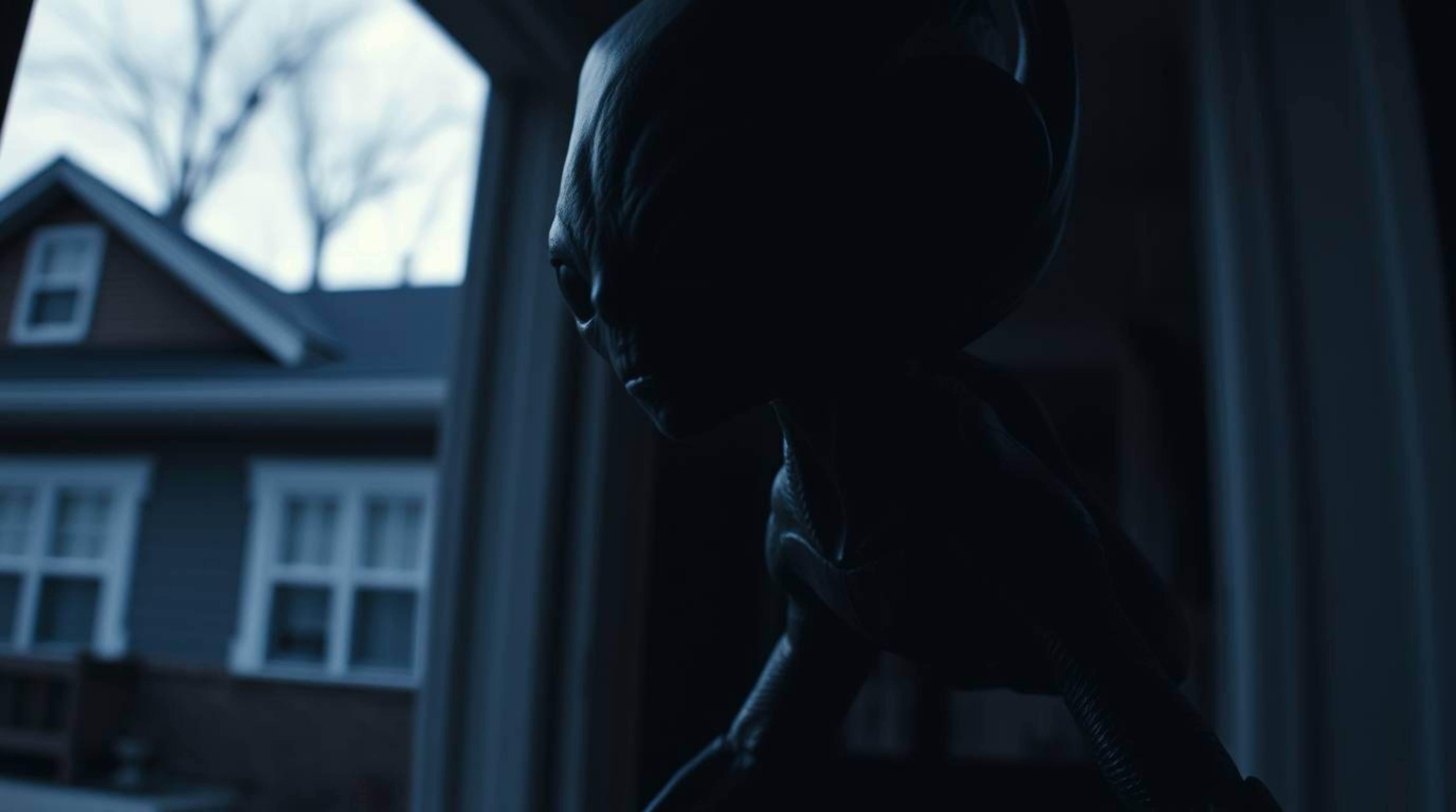 A high-contrast, low-key close-up photograph capturing an alien residing in a suburban house, emphasizing deep shadows and a 