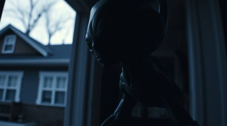 A high-contrast, low-key close-up photograph capturing an alien residing in a suburban house, emphasizing deep shadows and a 