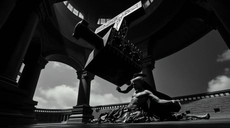 This architectural color photograph captures a dramatic scene: an anvil poised to fall upon a trickster character. The image 