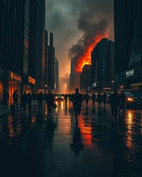 A dramatic and high-contrast image captures a city engulfed in flames, with people desperately running through the chaos. The