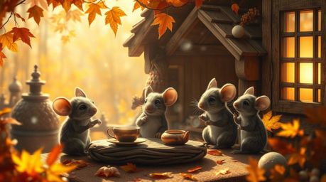 Delightful image of anthropomorphic mice enjoying a warm tea party in a cozy cottage bathed in autumnal light.  Volumetric li