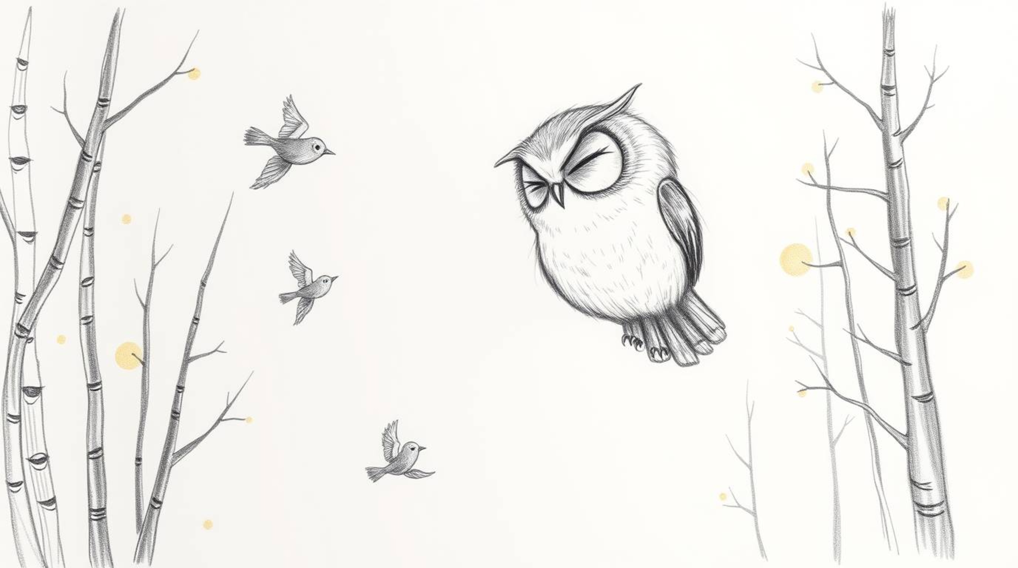 A charming hand-drawn pencil sketch depicts a blind owl, in the style of Pixar, gently teaching tiny birds to fly.  The owl, 