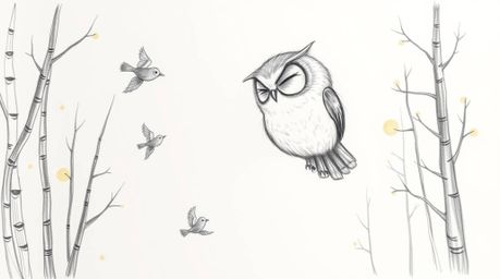 A charming hand-drawn pencil sketch depicts a blind owl, in the style of Pixar, gently teaching tiny birds to fly.  The owl, 