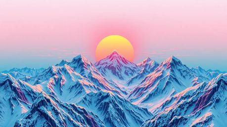 A stunning, large-scale tattoo art print showcases snow-capped mountains bathed in the soft glow of a pastel sunset.  The vib