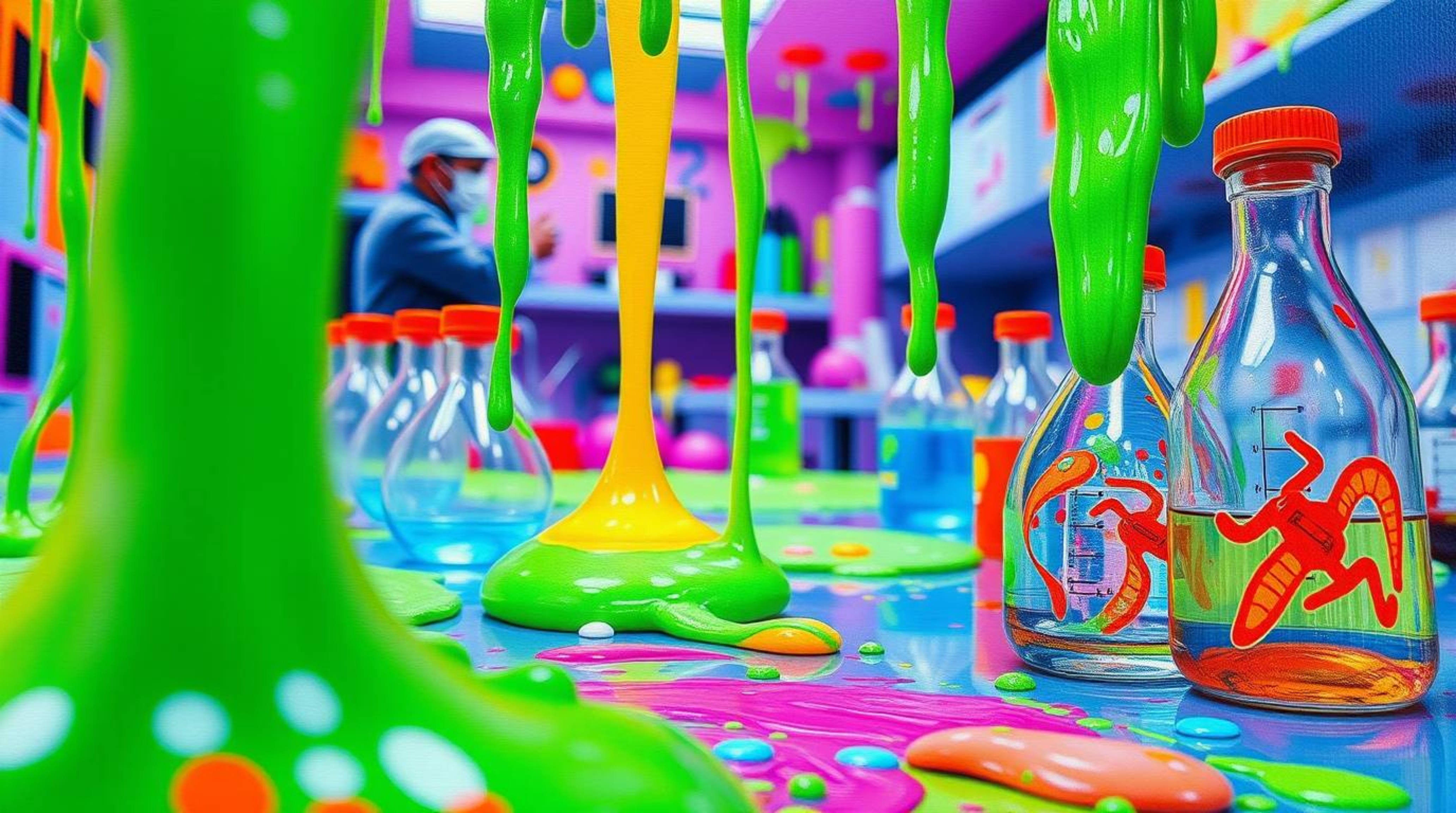 A captivating close-up showcases a bold acrylic painting of a slime-covered science lab.  The vibrant colors and textured bru