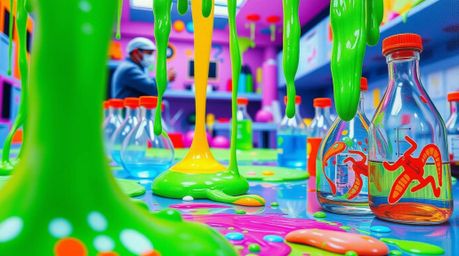 A captivating close-up showcases a bold acrylic painting of a slime-covered science lab.  The vibrant colors and textured bru