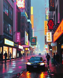 A captivating pixelated glitch art image depicting a cyberpunk street scene bathed in neon haze.  The distinct split composit