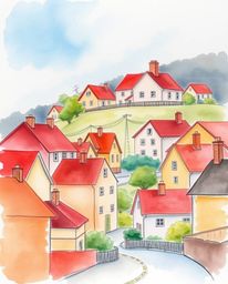 A charming watercolor painting capturing a sleepy town scene, featuring adorable pastel-colored houses bathed in a warm and i