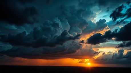 This artwork presents an epic, massive scale scene dominated by thunderstorm clouds dramatically illuminated by the warm glow