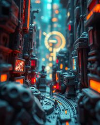 An extreme macro close-up reveals intricate details of a sculptural clay art piece depicting a futuristic city in a glitch mo