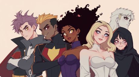 Discover a captivating artwork depicting a team of misfit heroes, rendered in a graceful and elegant style.  The piece featur