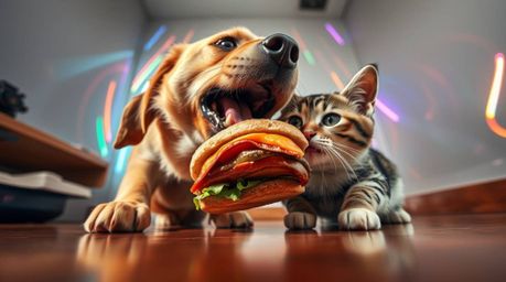 A dramatic low-angle shot captures a dog and cat engaged in a fierce battle over a massive sandwich.  Iridescent colors and r