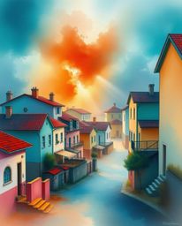 A captivating watercolor painting depicts a sleepy town, showcasing pastel-colored houses bathed in warm terracotta and cool 