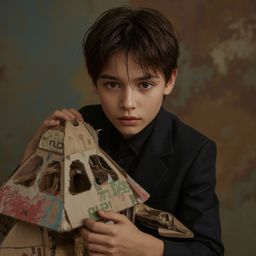 Exquisite high fashion photography captures a young boy with bright, curious eyes, engrossed in building an intricately desig