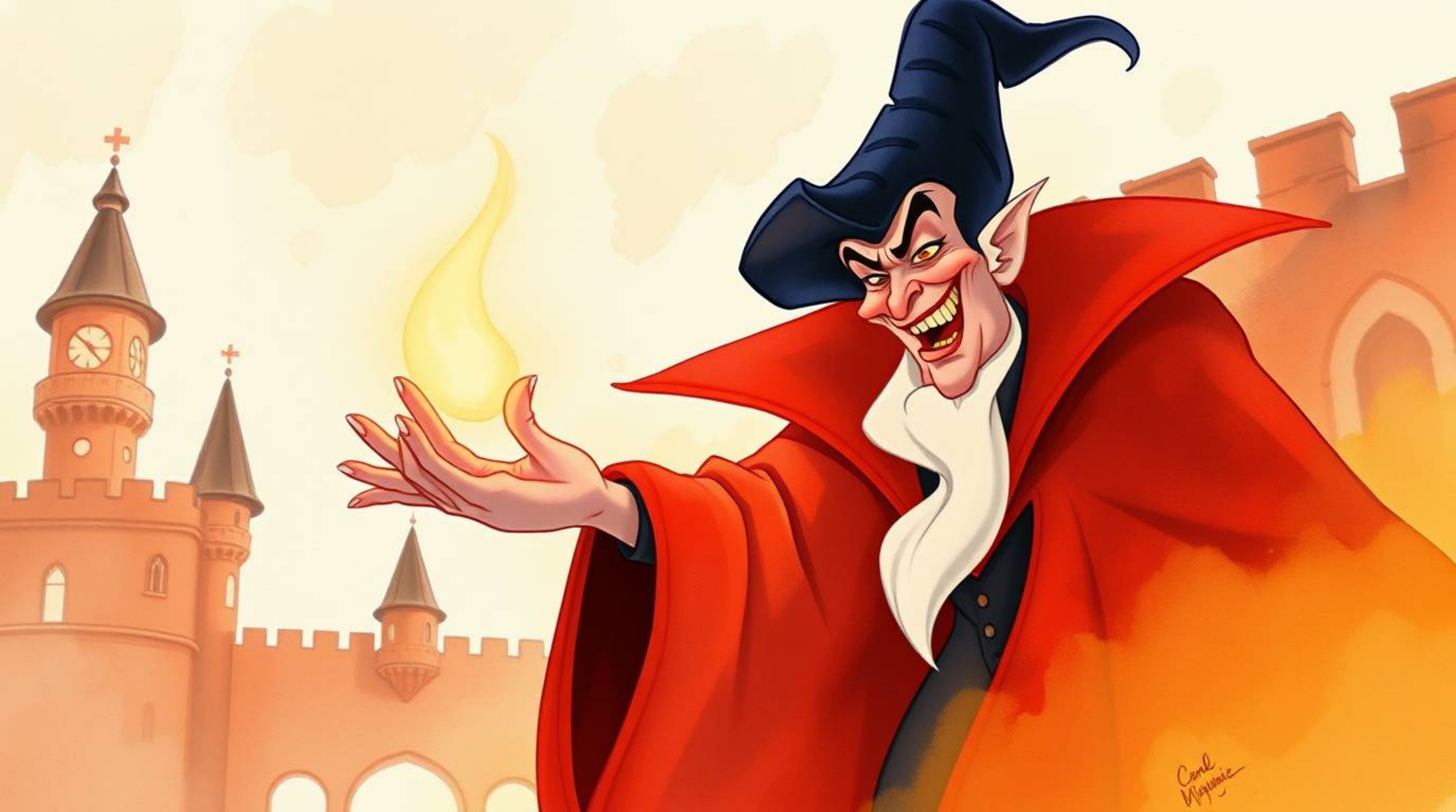 A captivating watercolor painting depicts a classic Disney villain casting a mesmerizing spell within the aged walls of an ol