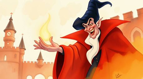 A captivating watercolor painting depicts a classic Disney villain casting a mesmerizing spell within the aged walls of an ol
