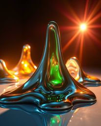 Captivating sculptural 3D fluid shapes made of mercury are brilliantly illuminated by bright lens flares under professional s