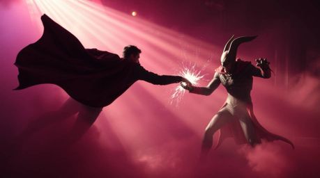 Witness a hilarious battle between a caped superhero and a comically inept villain set in a dreamy, hazy environment enhanced