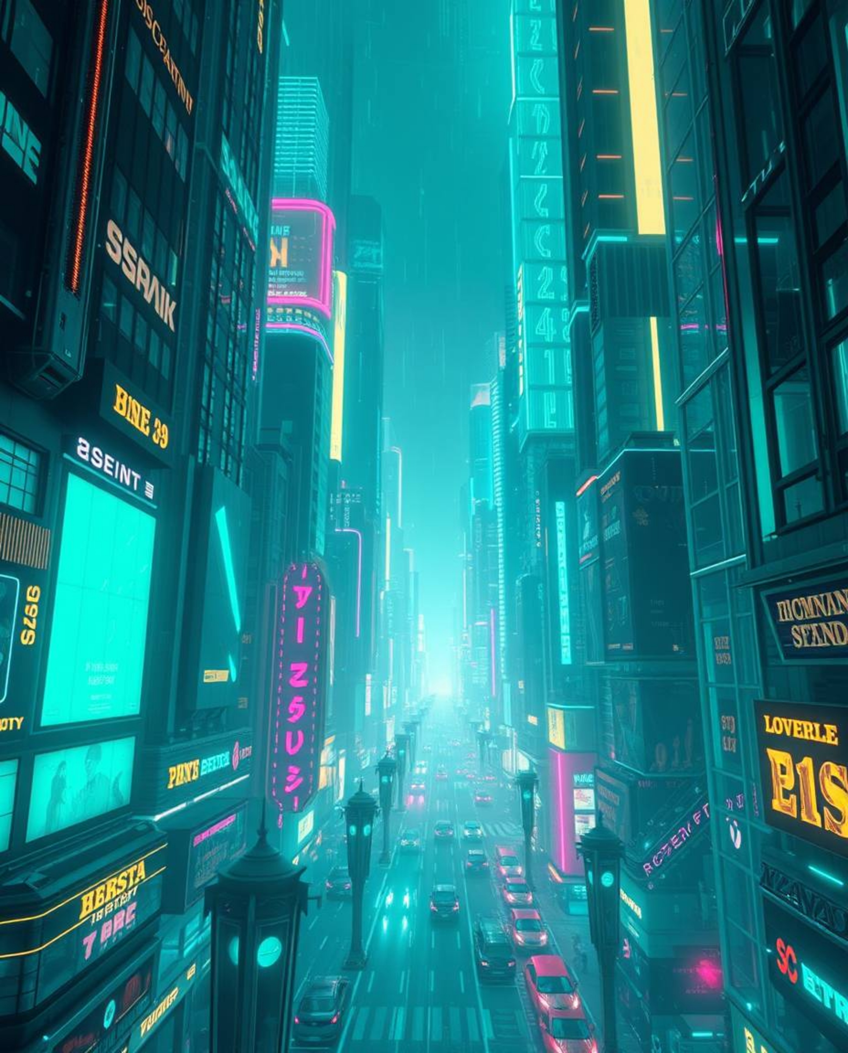 Immerse yourself in a luxurious and vibrant futuristic city rendered in deep teal, experiencing a mesmerizing glitch effect. 