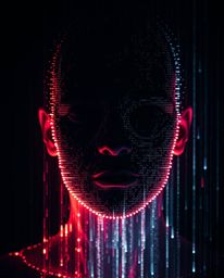 A captivating digital art piece showcasing the ethereal transformation of a human face into a flowing data stream.  The artwo
