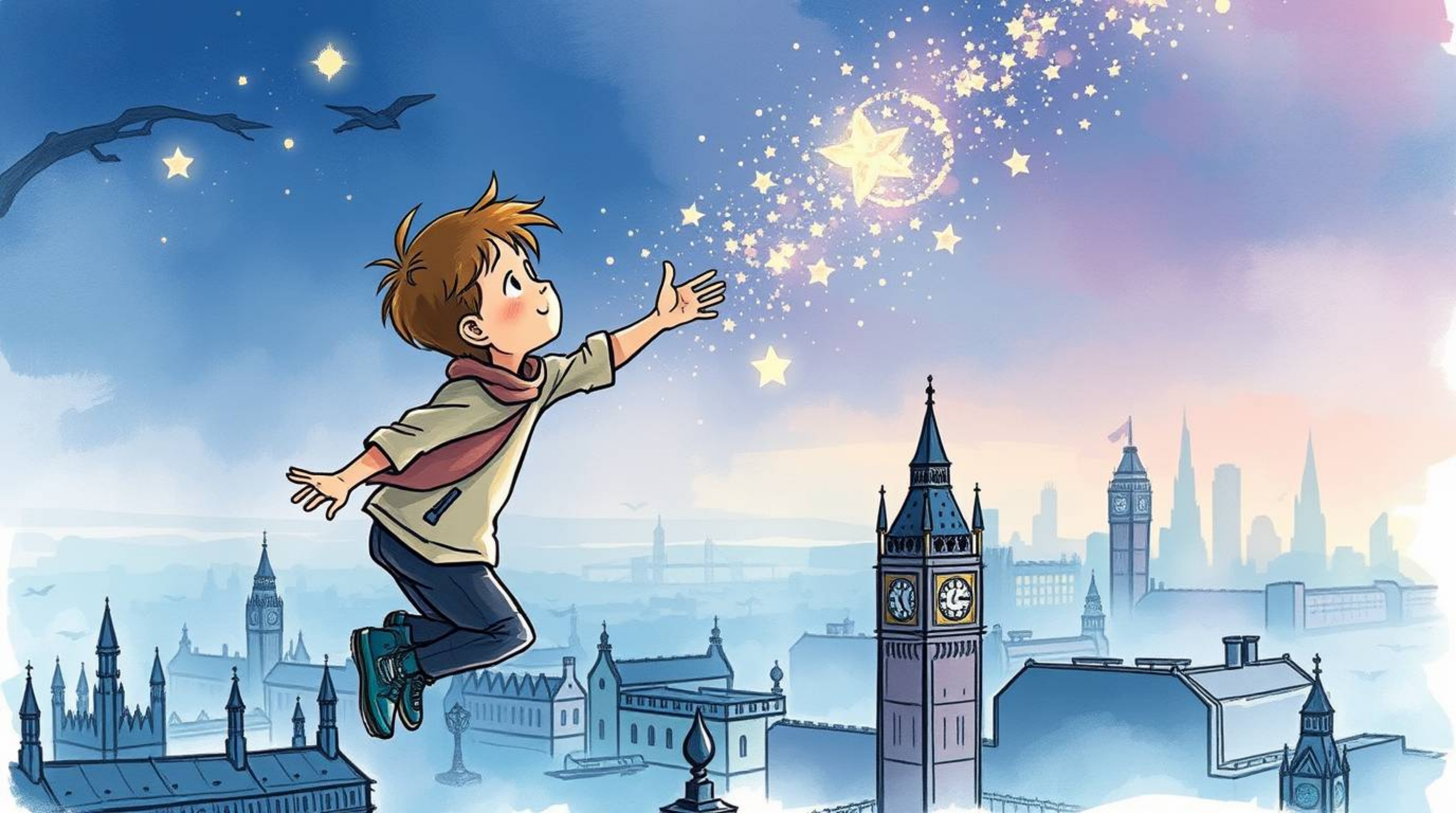 A captivating hand-drawn sketchnote depicts a young boy soaring above London, surrounded by enchanting pixie dust.  The gentl
