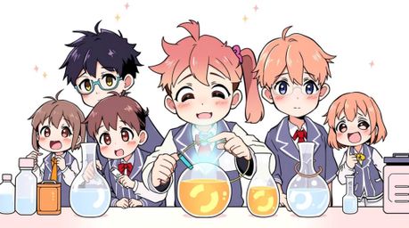An adorable and charming Isekai anime-style illustration featuring a group of expressive and quirky kids in their school unif