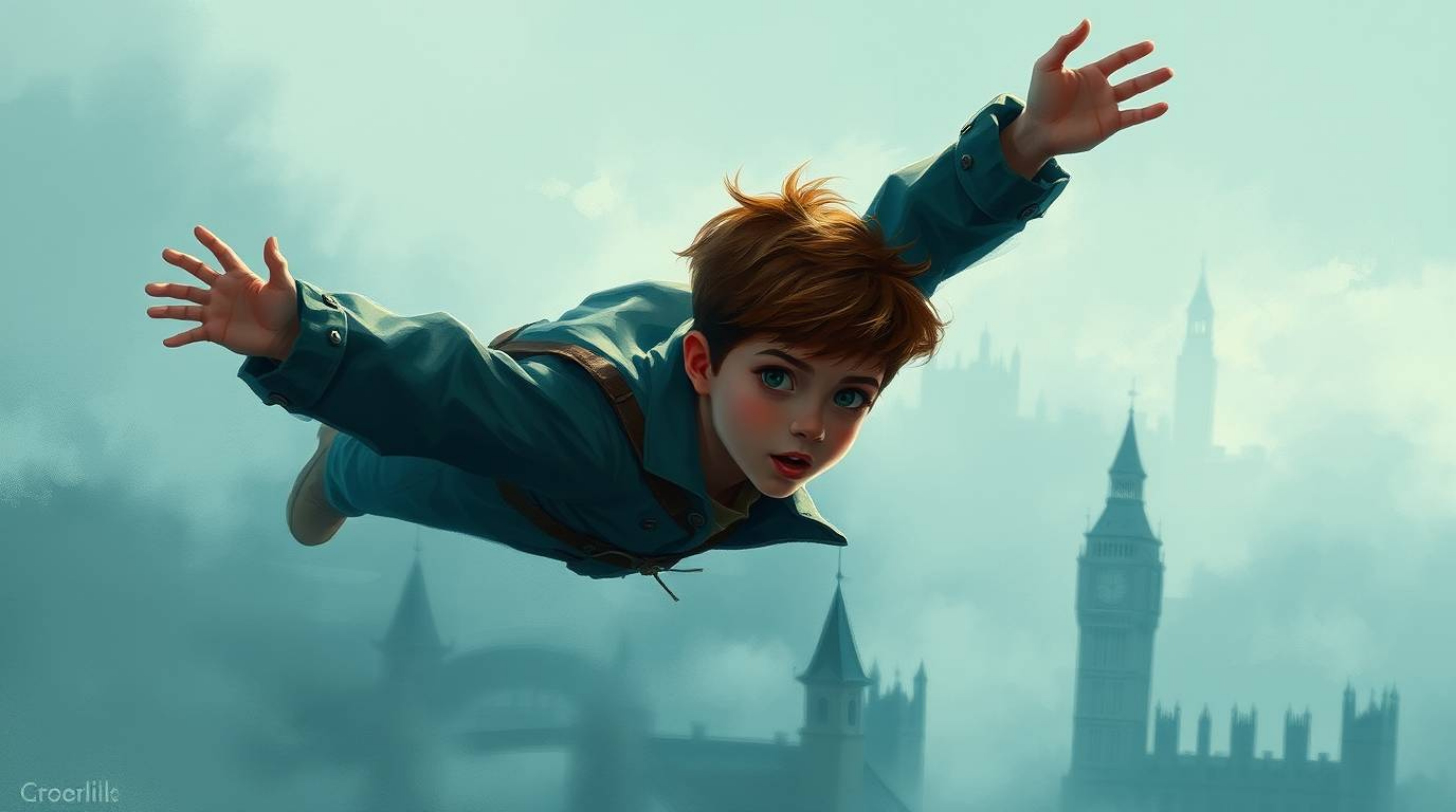 A digital sketch portrays a fair-skinned, brown-haired young boy soaring above a misty London. Employing loose, painterly str