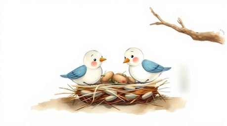 A delicate watercolor painting in a strong, moody style depicts two cartoon birds meticulously constructing a nest. The artw