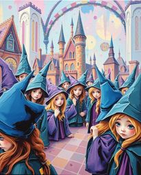 Explore a close-up, bold acrylic painting depicting a magical school brimming with young wizards. Soft pastel colors and deta