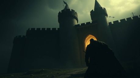 Experience an intense, jet-black scene of a thief infiltrating a heavily guarded castle, rendered in a dramatic cinematic sty