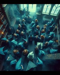 Experience a breathtaking cinematic overhead view of a magical school brimming with young wizards. The scene is bathed in coo