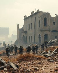 This image captures a battlefield scene with a soft cinematic haze and natural earth tones, depicting time-warped soldiers am