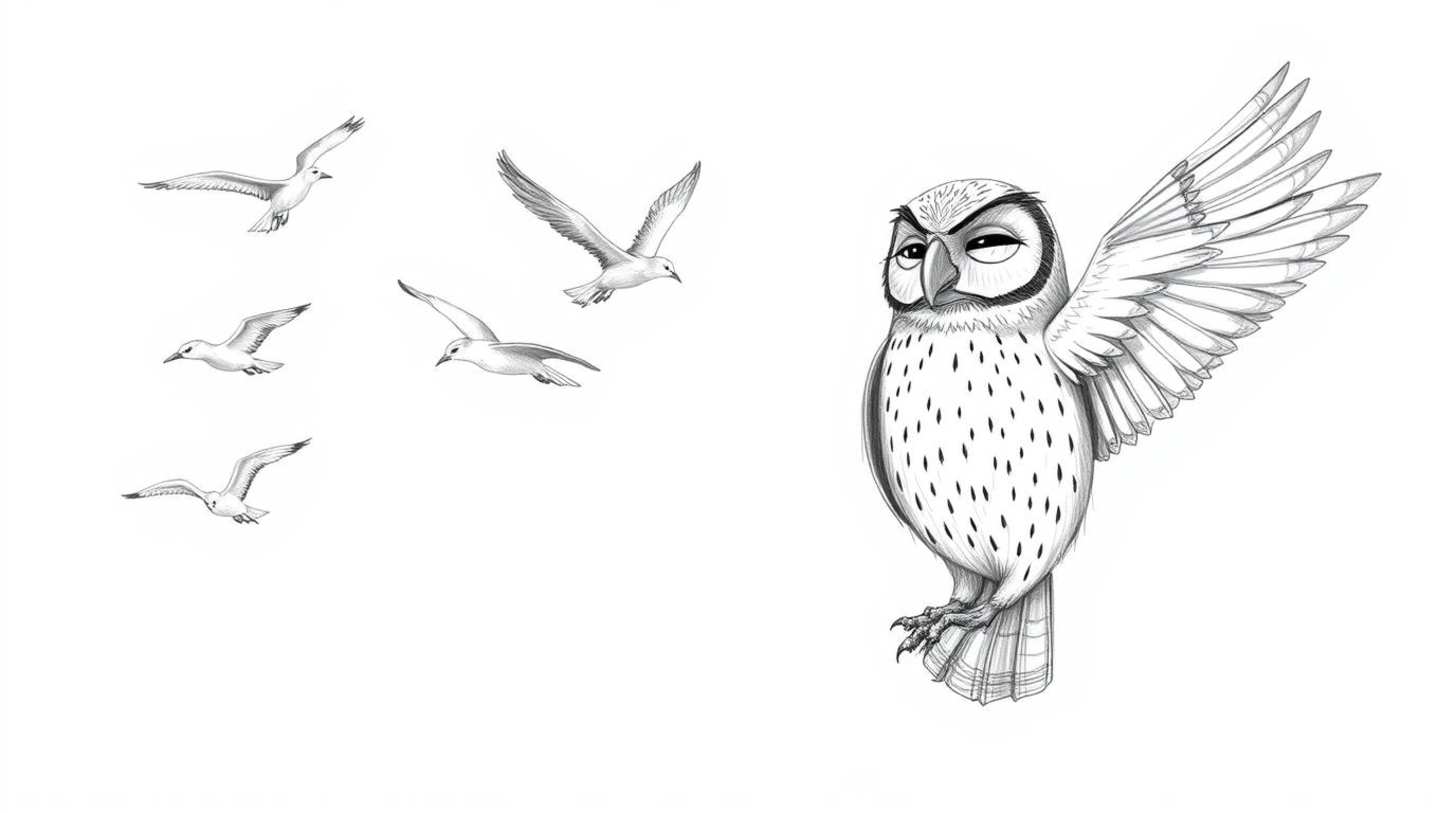 A heartwarming hand-drawn pencil sketch, inspired by Pixar, depicts a gentle, blind owl leading a flock of birds in a synchro