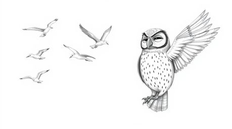A heartwarming hand-drawn pencil sketch, inspired by Pixar, depicts a gentle, blind owl leading a flock of birds in a synchro