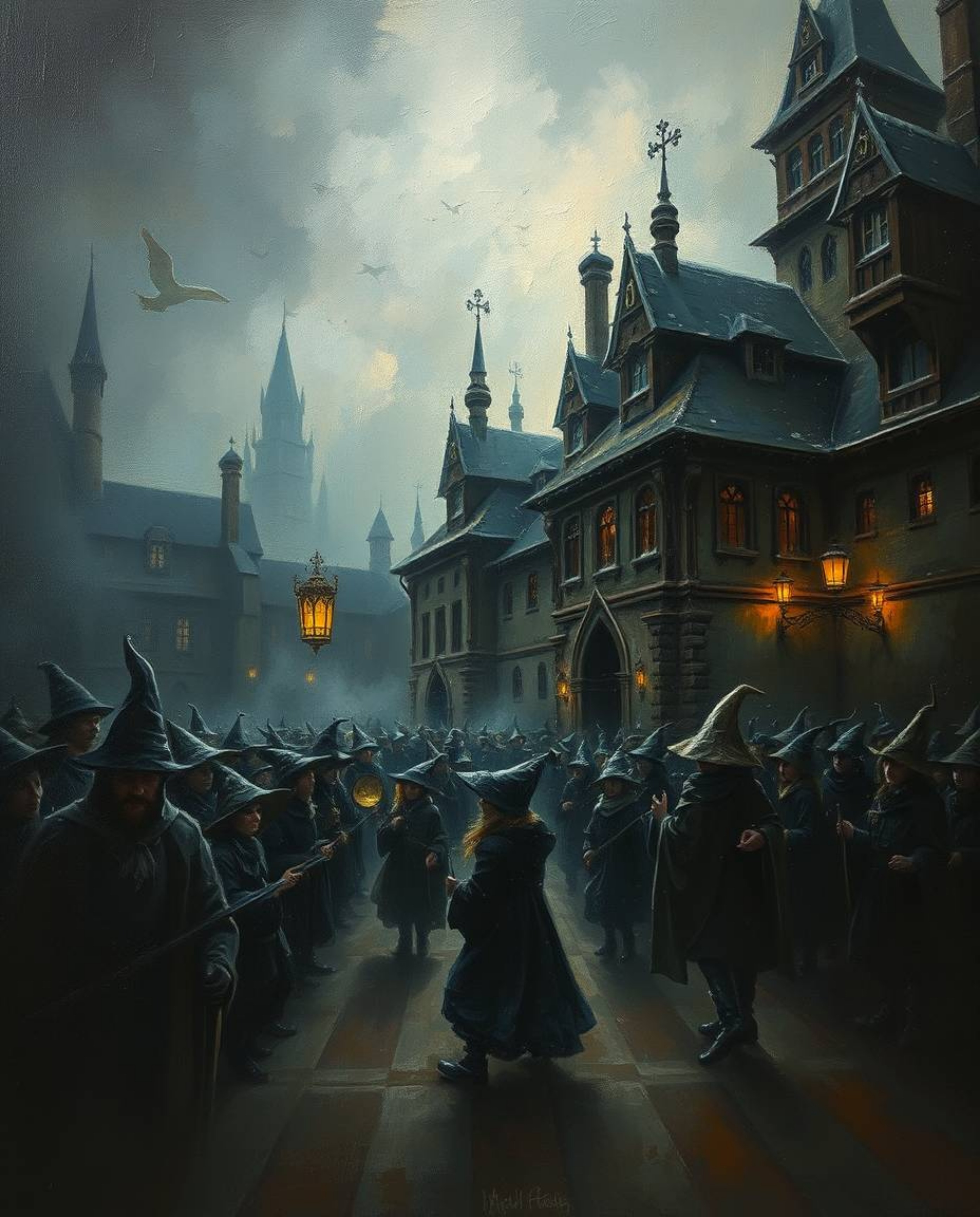 Discover captivating oil paintings depicting a magical school brimming with young wizards.  These moody, low-contrast artwork